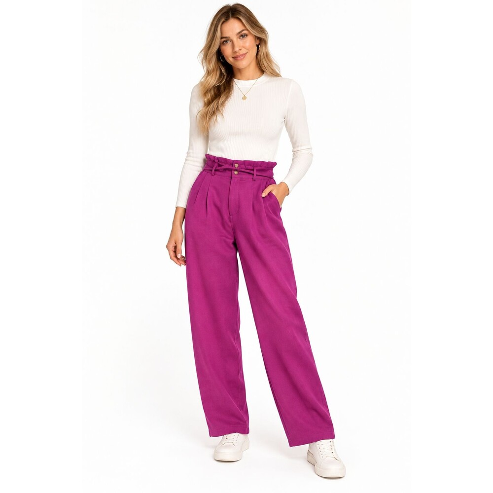 New Cider Pants Fushia Pink Textured Double Belt High Waist Small Pleated